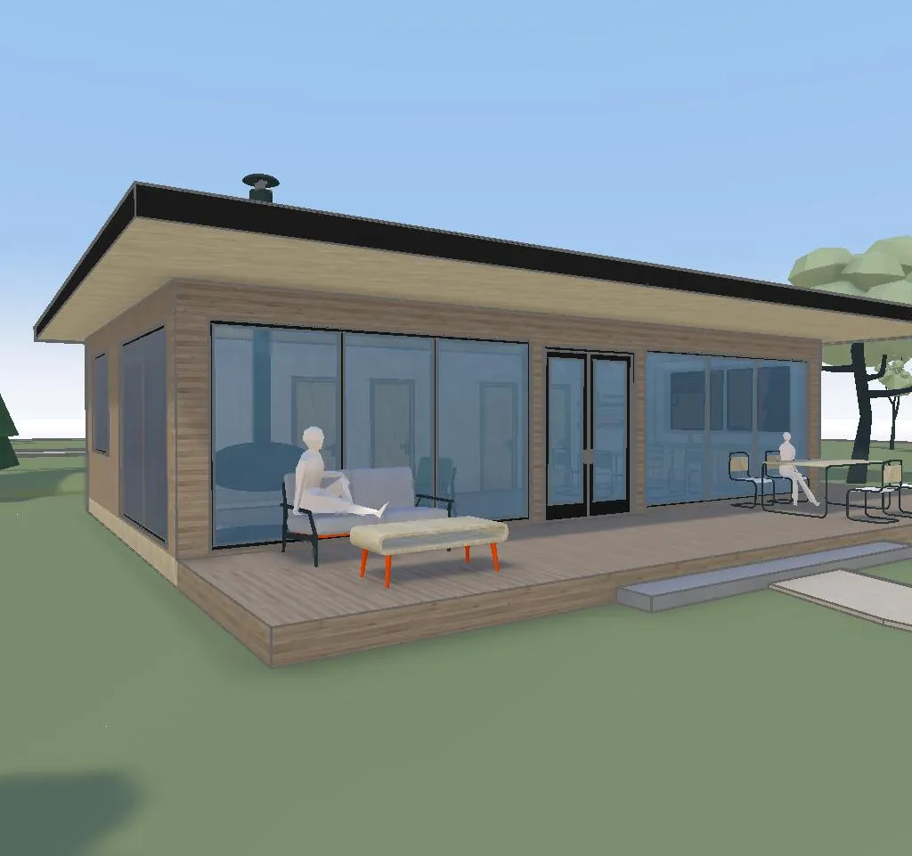 A timber cabin with a covered deck as a 3D model in Arkio 3.0