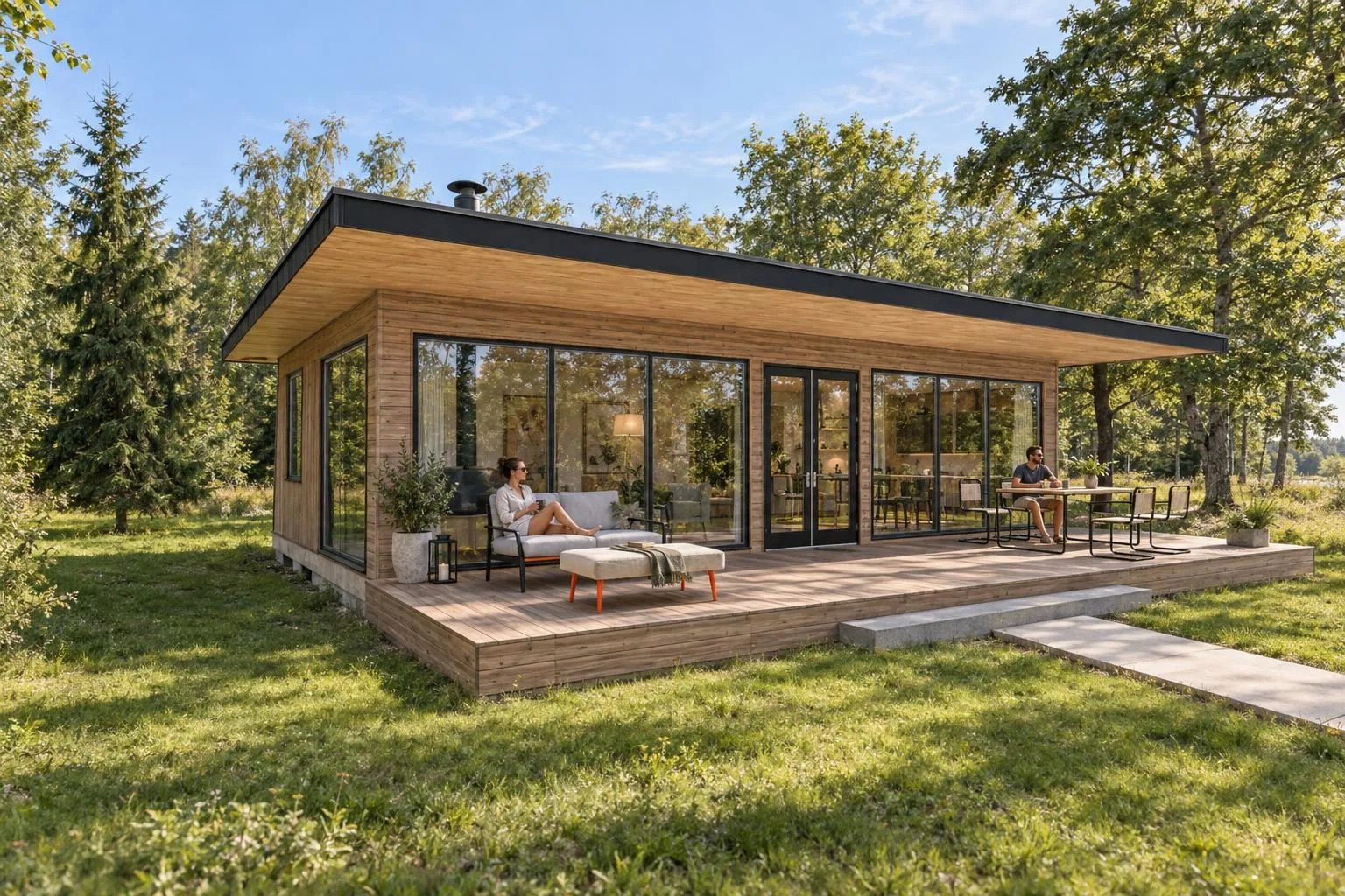 An AI render of the same cabin, with people on the deck on a summer afternoon