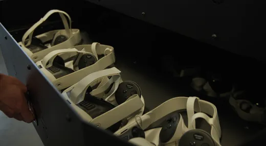 Meta Quest headsets prepared for an Arkio classroom session